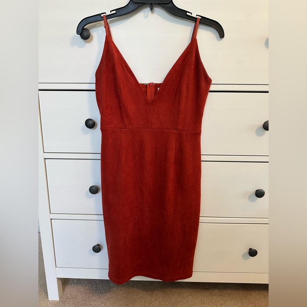 Rust Elegant Sleeveless Midi Soft Suede Dress